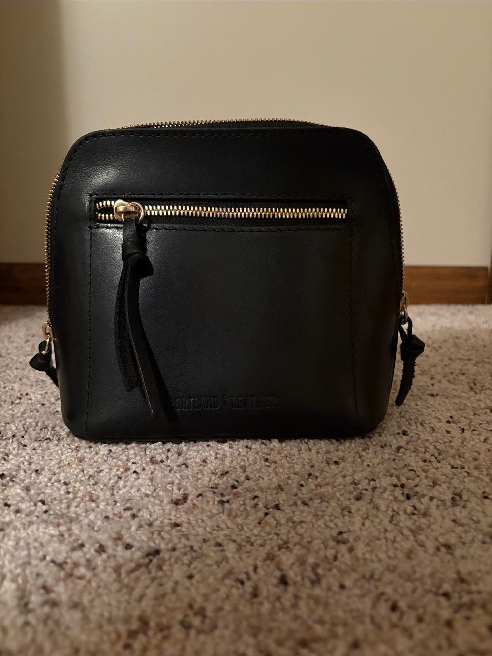 Portland Leather Black Leather Crossbody with Gold Zipper